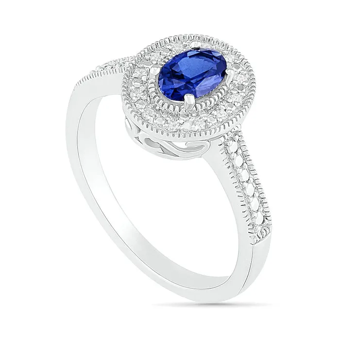 Oval Blue LabCreated Sapphire and 005 CT TW Diamond Frame Antique VintageStyle Ring in Sterling Silver Goldia Rings Oval Blue LabCreated Sapphire and 005 CT TW Diamond Frame Antique VintageStyle Ring in Sterling Silver Goldia Rings
