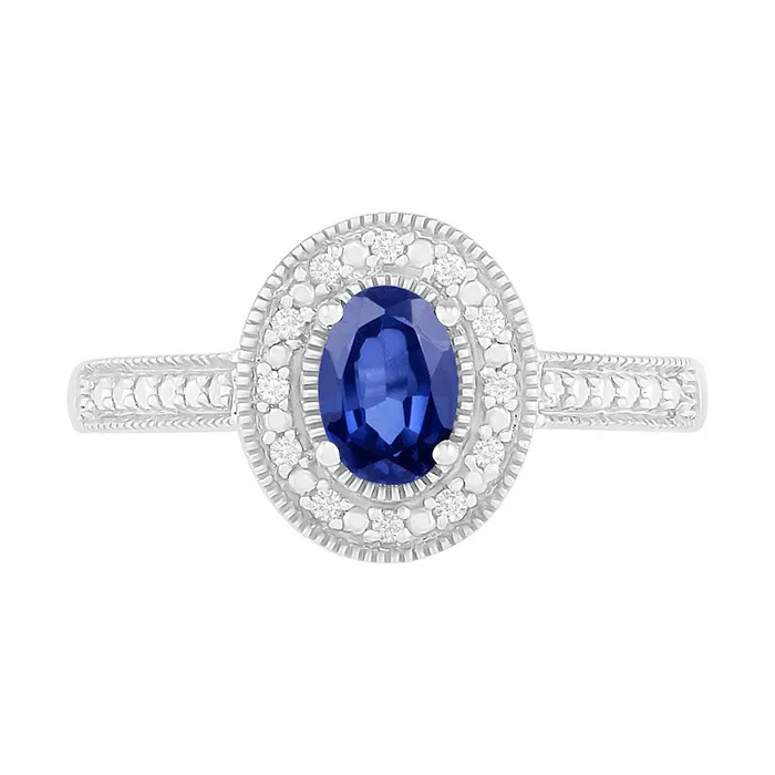 Oval Blue LabCreated Sapphire and 005 CT TW Diamond Frame Antique VintageStyle Ring in Sterling Silver Goldia Rings Oval Blue LabCreated Sapphire and 005 CT TW Diamond Frame Antique VintageStyle Ring in Sterling Silver Goldia Rings