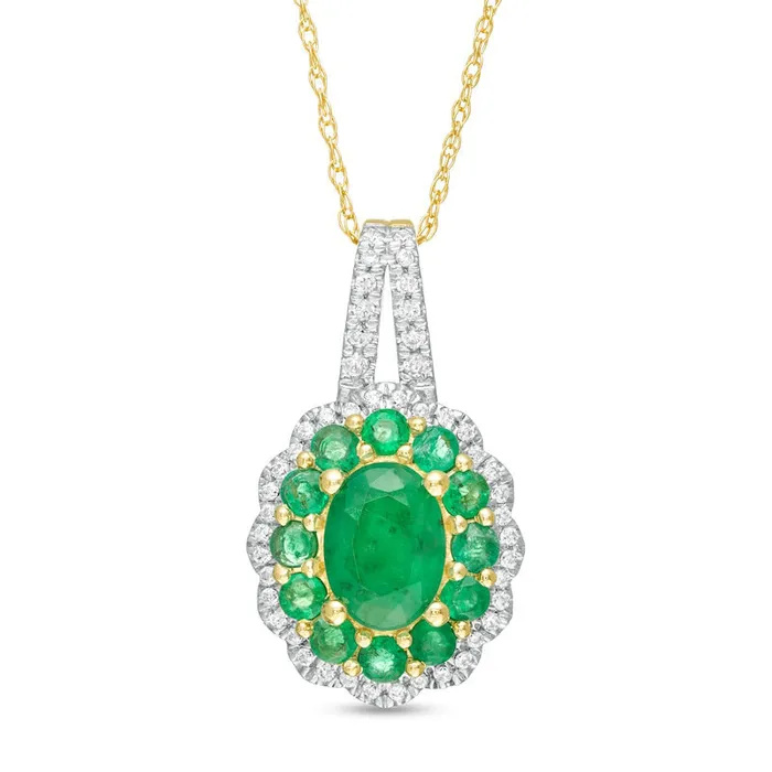 Oval Emerald and 017 CT TW Natural Diamond Double Scallop Frame Pendant in 10K Yellow Gold Goldia Necklaces Oval Emerald and 017 CT TW Natural Diamond Double Scallop Frame Pendant in 10K Yellow Gold Goldia Necklaces