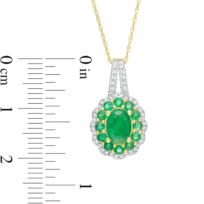 Oval Emerald and 017 CT TW Natural Diamond Double Scallop Frame Pendant in 10K Yellow Gold Goldia Necklaces Oval Emerald and 017 CT TW Natural Diamond Double Scallop Frame Pendant in 10K Yellow Gold Goldia Necklaces