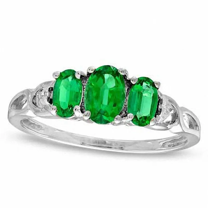 Oval LabCreated Emerald and Diamond Accent Three Stone Ring in Solid 10K White Gold Goldia Rings Oval LabCreated Emerald and Diamond Accent Three Stone Ring in Solid 10K White Gold Goldia Rings