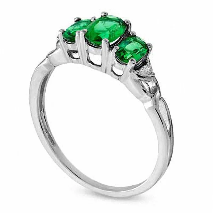 Oval LabCreated Emerald and Diamond Accent Three Stone Ring in Solid 10K White Gold Goldia Rings Oval LabCreated Emerald and Diamond Accent Three Stone Ring in Solid 10K White Gold Goldia Rings