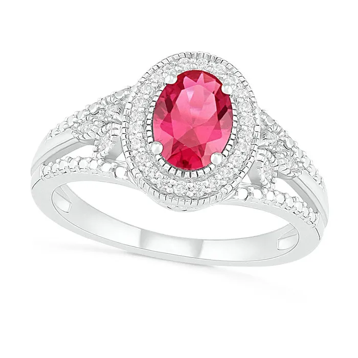 Oval LabCreated Ruby and 013 CT TW Diamond Frame LeafSides Split Shank Antique VintageStyle Ring in Sterling Silver Goldia Rings Oval LabCreated Ruby and 013 CT TW Diamond Frame LeafSides Split Shank Antique VintageStyle Ring in Sterling Silver Goldia Rings