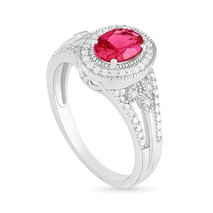Oval LabCreated Ruby and 013 CT TW Diamond Frame LeafSides Split Shank Antique VintageStyle Ring in Sterling Silver Goldia Rings Oval LabCreated Ruby and 013 CT TW Diamond Frame LeafSides Split Shank Antique VintageStyle Ring in Sterling Silver Goldia Rings
