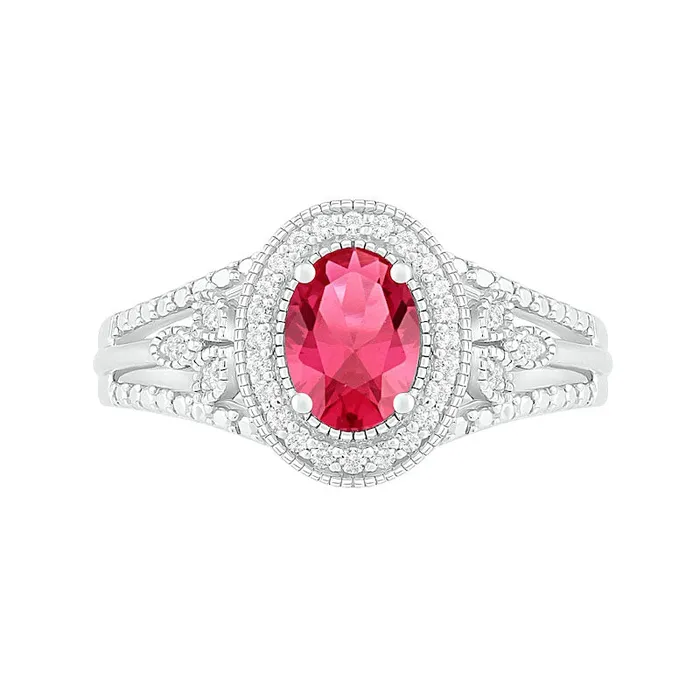 Oval LabCreated Ruby and 013 CT TW Diamond Frame LeafSides Split Shank Antique VintageStyle Ring in Sterling Silver Goldia Rings Oval LabCreated Ruby and 013 CT TW Diamond Frame LeafSides Split Shank Antique VintageStyle Ring in Sterling Silver Goldia Rings