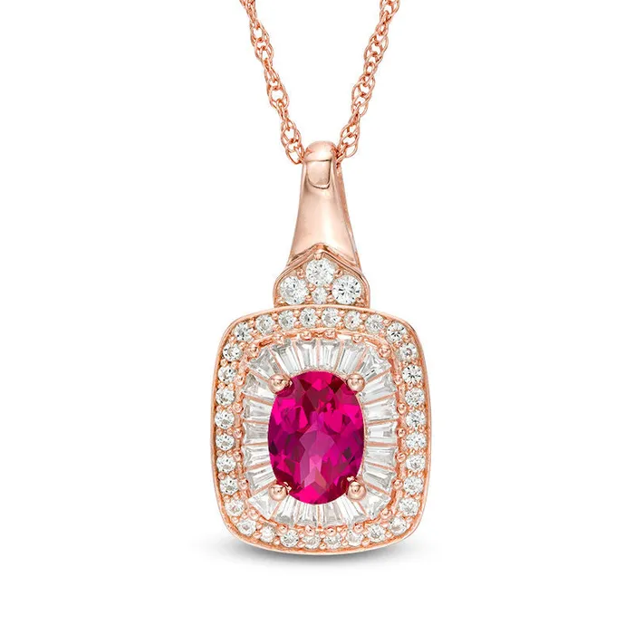 Oval LabCreated Ruby and White Sapphire Cushion Frame Pendant in Sterling Silver with 14K Rose Gold Plate Goldia Necklaces Oval LabCreated Ruby and White Sapphire Cushion Frame Pendant in Sterling Silver with 14K Rose Gold Plate Goldia Necklaces