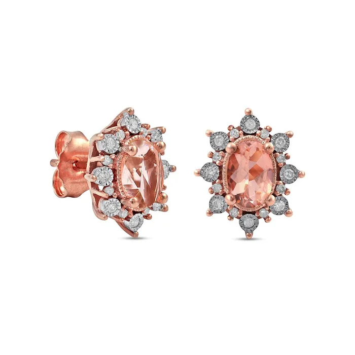 Oval Morganite and 013 CT TW Diamond Starburst Frame VintageStyle Stud Earrings in 10K Rose Gold Goldia Earrings Oval Morganite and 013 CT TW Diamond Starburst Frame VintageStyle Stud Earrings in 10K Rose Gold Goldia Earrings
