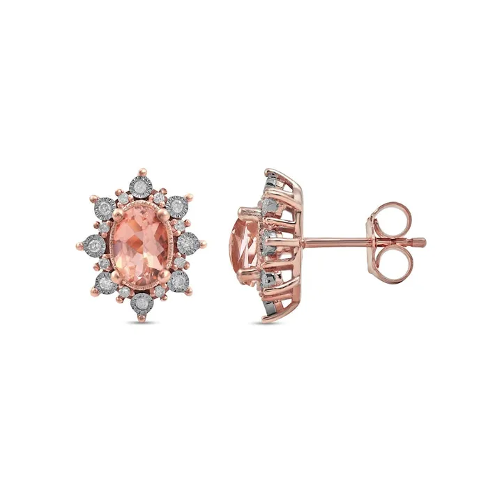 Oval Morganite and 013 CT TW Diamond Starburst Frame VintageStyle Stud Earrings in 10K Rose Gold Goldia Earrings Oval Morganite and 013 CT TW Diamond Starburst Frame VintageStyle Stud Earrings in 10K Rose Gold Goldia Earrings
