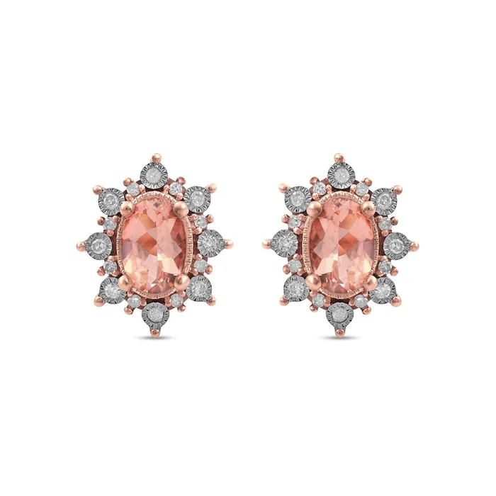 Oval Morganite and 013 CT TW Diamond Starburst Frame VintageStyle Stud Earrings in 10K Rose Gold Goldia Earrings Oval Morganite and 013 CT TW Diamond Starburst Frame VintageStyle Stud Earrings in 10K Rose Gold Goldia Earrings