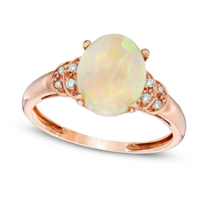 Oval Opal and Natural Diamond Accent Ring in Solid 10K Rose Gold Goldia Rings Oval Opal and Natural Diamond Accent Ring in Solid 10K Rose Gold Goldia Rings