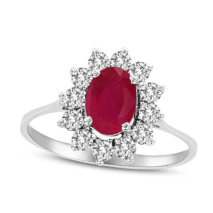 Oval Ruby and 050 CT TW Natural Diamond Starburst Frame Ring in Solid 14K White Gold Goldia Rings Oval Ruby and 050 CT TW Natural Diamond Starburst Frame Ring in Solid 14K White Gold Goldia Rings