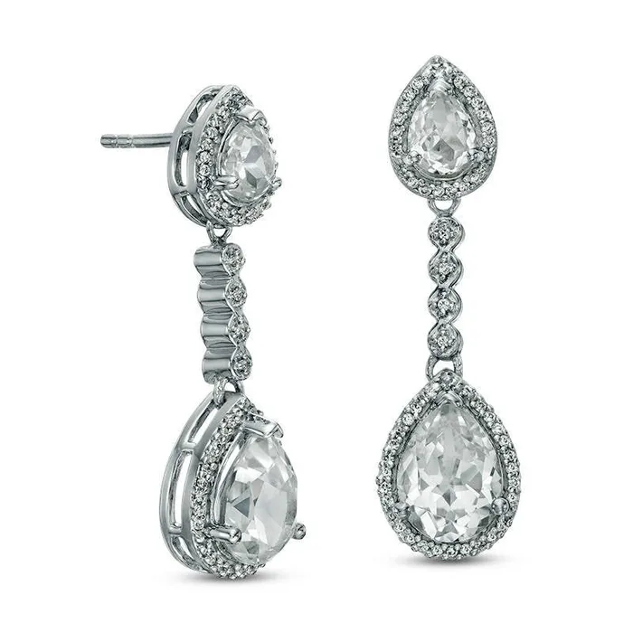 PearShaped LabCreated White Sapphire and 02 CT TW Diamond Frame Double Drop Earrings in 10K White Gold Goldia Earrings PearShaped LabCreated White Sapphire and 02 CT TW Diamond Frame Double Drop Earrings in 10K White Gold Goldia Earrings
