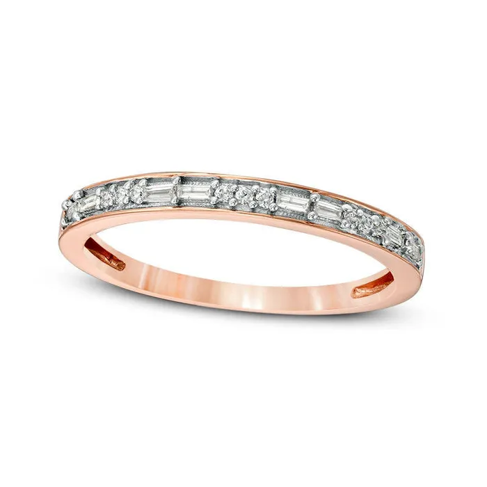 Rings 013 CT TW Baguette and Round Natural Diamond Two Stone Alternating Stackable Band in Solid 10K Rose Gold Goldia Rings 013 CT TW Baguette and Round Natural Diamond Two Stone Alternating Stackable Band in Solid 10K Rose Gold Goldia