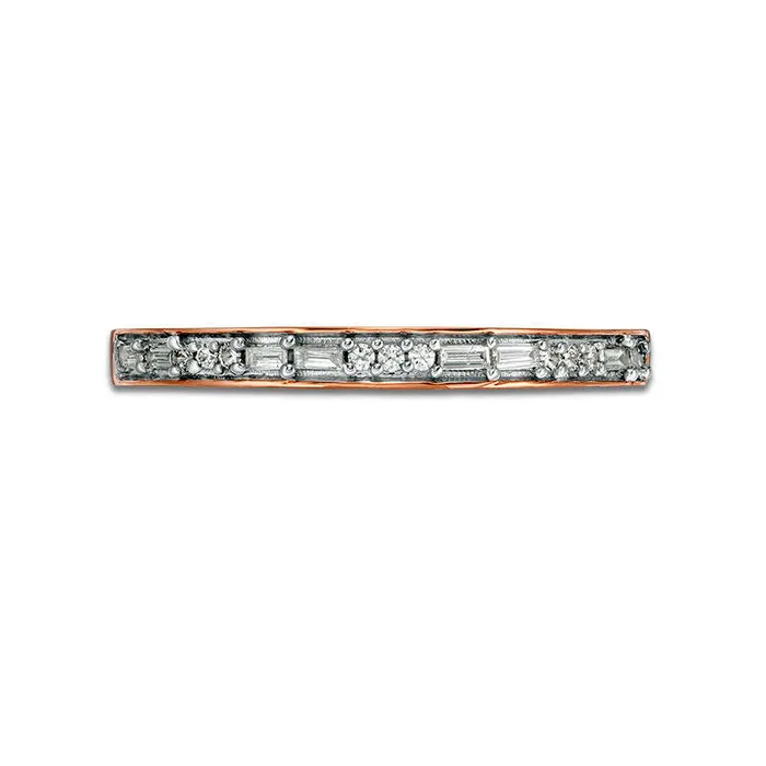 Rings 013 CT TW Baguette and Round Natural Diamond Two Stone Alternating Stackable Band in Solid 10K Rose Gold Goldia Rings 013 CT TW Baguette and Round Natural Diamond Two Stone Alternating Stackable Band in Solid 10K Rose Gold Goldia