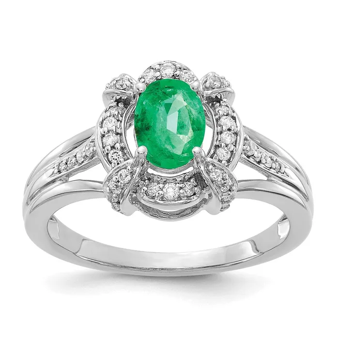 Rings 14k White Gold Real Diamond and Oval Emerald Ring Goldia