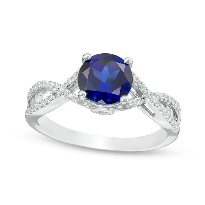 Rings 70mm LabCreated Blue Sapphire and 017 CT TW Diamond Twist Shank Engagement Ring in Solid 10K White Gold Goldia Rings 70mm LabCreated Blue Sapphire and 017 CT TW Diamond Twist Shank Engagement Ring in Solid 10K White Gold Goldia