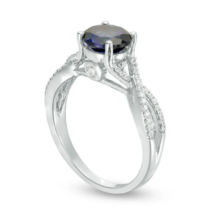 Rings 70mm LabCreated Blue Sapphire and 017 CT TW Diamond Twist Shank Engagement Ring in Solid 10K White Gold Goldia Rings 70mm LabCreated Blue Sapphire and 017 CT TW Diamond Twist Shank Engagement Ring in Solid 10K White Gold Goldia