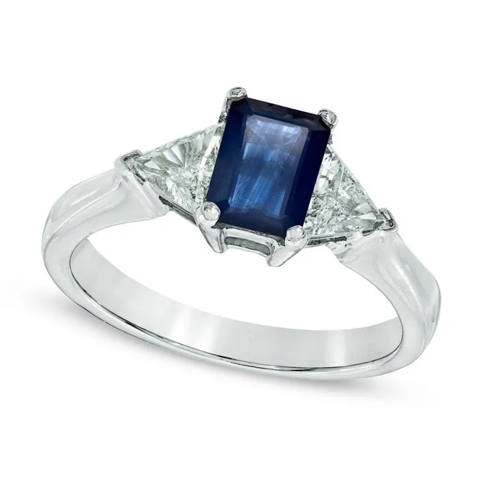 Rings EmeraldCut Blue Sapphire and 050 CT TW TrillionCut Natural Diamond Ring in Solid 14K White Gold Goldia Rings EmeraldCut Blue Sapphire and 050 CT TW TrillionCut Natural Diamond Ring in Solid 14K White Gold Goldia