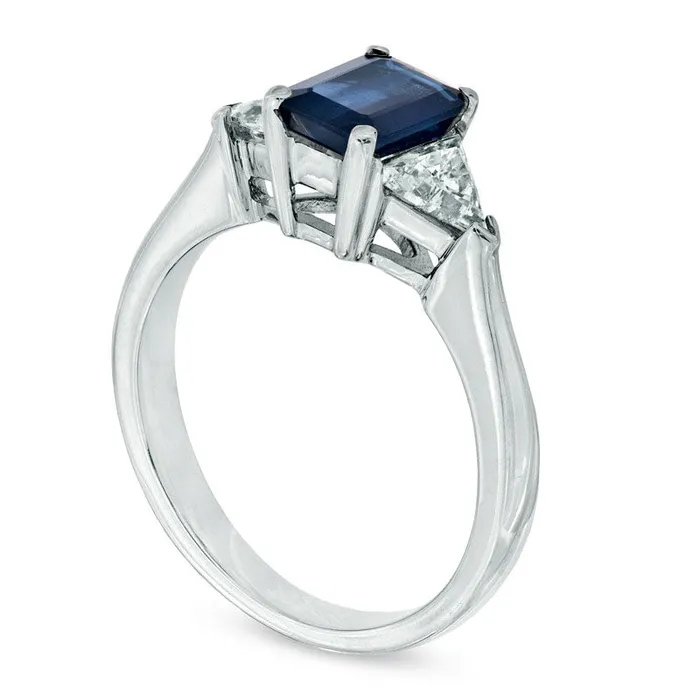 Rings EmeraldCut Blue Sapphire and 050 CT TW TrillionCut Natural Diamond Ring in Solid 14K White Gold Goldia Rings EmeraldCut Blue Sapphire and 050 CT TW TrillionCut Natural Diamond Ring in Solid 14K White Gold Goldia