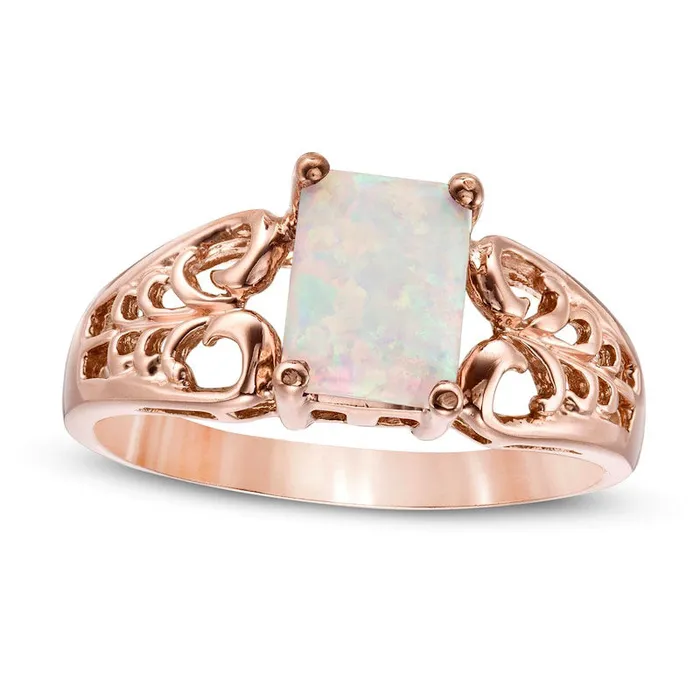 Rings EmeraldCut LabCreated Opal Open Scroll Ring in Solid 10K Rose Gold Goldia Rings EmeraldCut LabCreated Opal Open Scroll Ring in Solid 10K Rose Gold Goldia