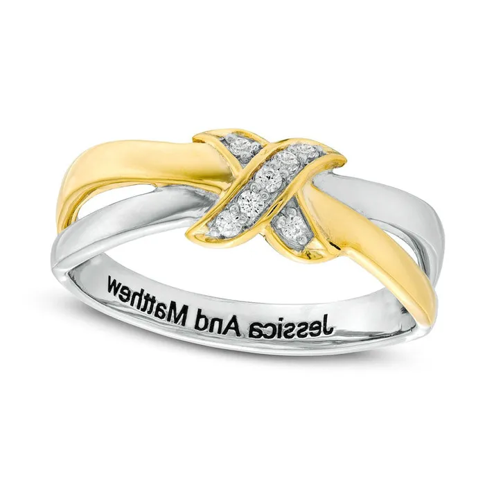 Rings Goldia 005 CT TW Natural Diamond X Engravable Crossover Split Shank Promise Ring in Sterling Silver and Solid 10K Yellow Gold 1 Line Rings Goldia 005 CT TW Natural Diamond X Engravable Crossover Split Shank Promise Ring in Sterling Silver and Solid 10K Yellow Gold 1 Line