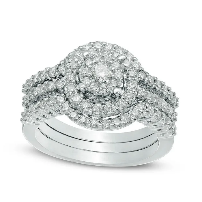 Rings Goldia 113 CT TW Natural Diamond Flower Cluster Frame Three Piece Bridal Engagement Ring Set in Solid 14K White Gold Rings Goldia 113 CT TW Natural Diamond Flower Cluster Frame Three Piece Bridal Engagement Ring Set in Solid 14K White Gold
