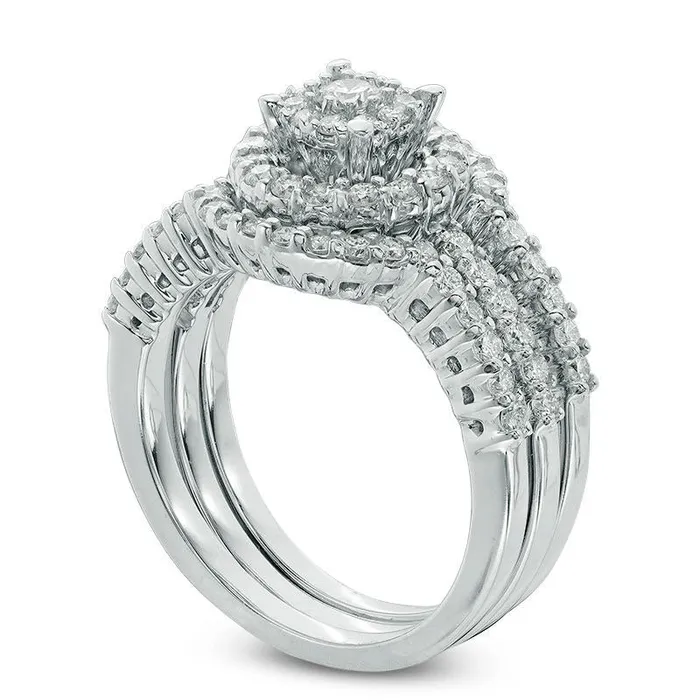 Rings Goldia 113 CT TW Natural Diamond Flower Cluster Frame Three Piece Bridal Engagement Ring Set in Solid 14K White Gold Rings Goldia 113 CT TW Natural Diamond Flower Cluster Frame Three Piece Bridal Engagement Ring Set in Solid 14K White Gold