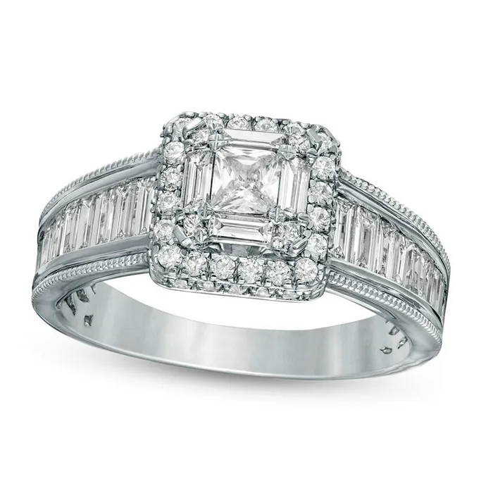 Rings Goldia 15 CT TW PrincessCut and Baguette Natural Diamond Cushion Frame Engagement Ring in Solid 14K White Gold Rings Goldia 15 CT TW PrincessCut and Baguette Natural Diamond Cushion Frame Engagement Ring in Solid 14K White Gold