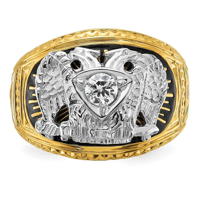 Rings Goldia 14k Twotone Gold Mens Polished and Textured with Multicolor Enamel and Diamond 32nd Degree Scottish Rite Masonic Ring