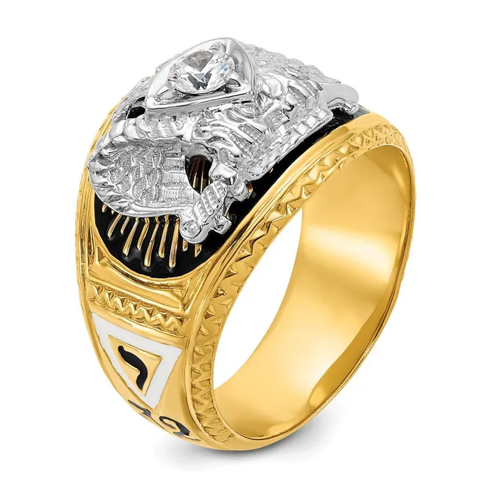 Rings Goldia 14k Twotone Gold Mens Polished and Textured with Multicolor Enamel and Diamond 32nd Degree Scottish Rite Masonic Ring