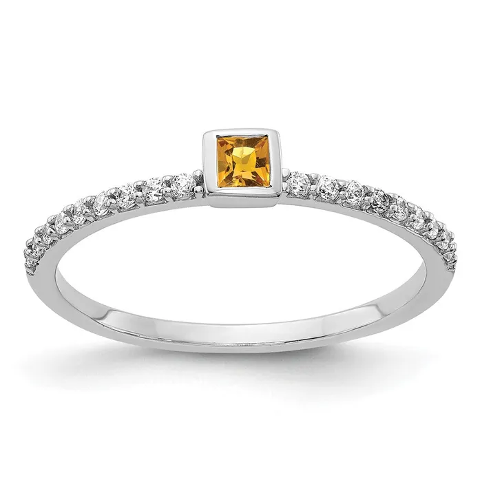 Rings Goldiacom 14k White Gold Real Diamond and Princess Citrine Ring
