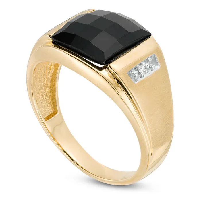 Rings Goldia Mens Rectangle Faceted Onyx and Natural Diamond Accent MultiFinish Ring in Solid 10K Yellow Gold Rings Goldia Mens Rectangle Faceted Onyx and Natural Diamond Accent MultiFinish Ring in Solid 10K Yellow Gold