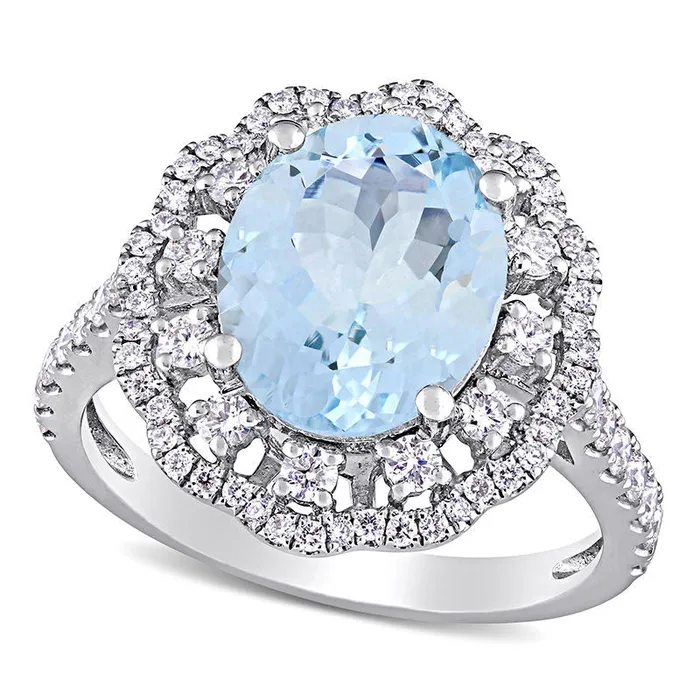 Rings Goldia Oval Aquamarine and 075 CT TW Natural Diamond Double Scallop Frame Floral Ring in Solid 14K White Gold Rings Goldia Oval Aquamarine and 075 CT TW Natural Diamond Double Scallop Frame Floral Ring in Solid 14K White Gold