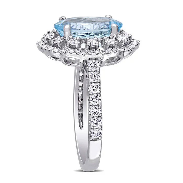 Rings Goldia Oval Aquamarine and 075 CT TW Natural Diamond Double Scallop Frame Floral Ring in Solid 14K White Gold Rings Goldia Oval Aquamarine and 075 CT TW Natural Diamond Double Scallop Frame Floral Ring in Solid 14K White Gold