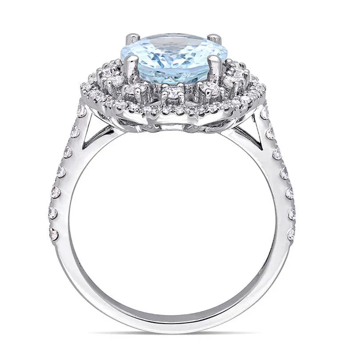 Rings Goldia Oval Aquamarine and 075 CT TW Natural Diamond Double Scallop Frame Floral Ring in Solid 14K White Gold Rings Goldia Oval Aquamarine and 075 CT TW Natural Diamond Double Scallop Frame Floral Ring in Solid 14K White Gold