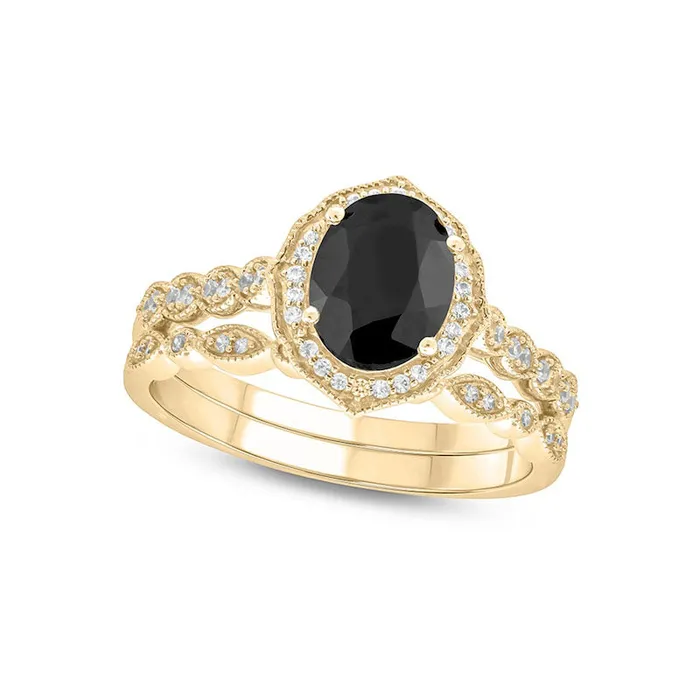 Rings Goldia Oval Black Sapphire and 017 CT TW Natural Diamond Quatrefoil Frame Art Deco Antique VintageStyle Bridal Engagement Ring Set in Solid 10K Yellow Gold Rings Goldia Oval Black Sapphire and 017 CT TW Natural Diamond Quatrefoil Frame Art Deco Antique VintageStyle Bridal Engagement Ring Set in Solid 10K Yellow Gold