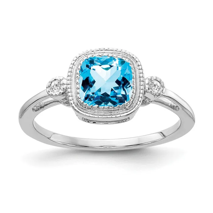 Rings Goldia Solid 14k White Gold Cushion Simulated Blue Topaz and CZ Ring