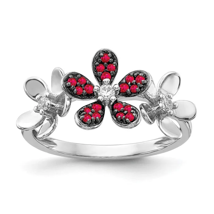Rings Goldia Solid 14k White Gold Simulated CZ and Ruby Flower Ring