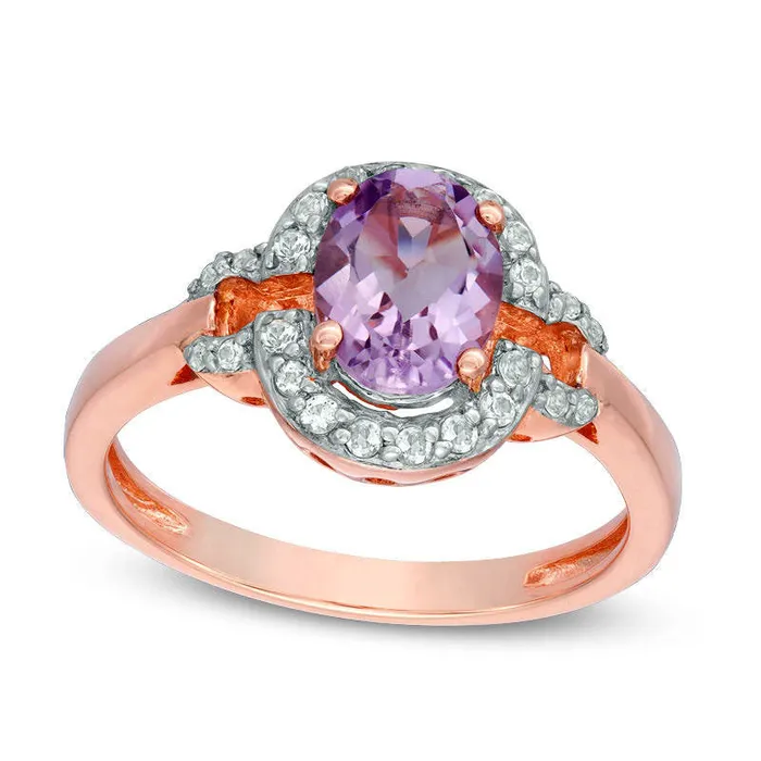 Rings Oval Amethyst and White Topaz Buckle Frame Ring in Sterling Silver with Solid 14K Rose Gold Plate Goldia Rings Oval Amethyst and White Topaz Buckle Frame Ring in Sterling Silver with Solid 14K Rose Gold Plate Goldia