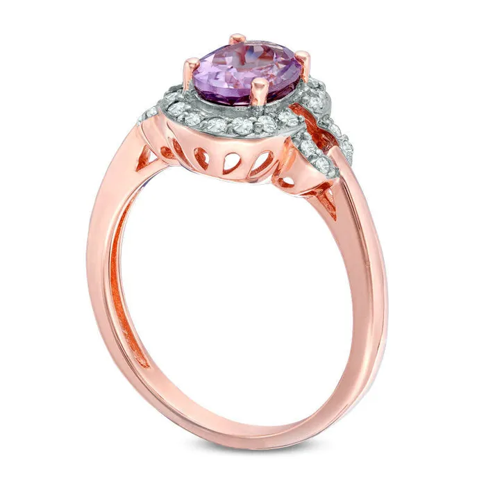 Rings Oval Amethyst and White Topaz Buckle Frame Ring in Sterling Silver with Solid 14K Rose Gold Plate Goldia Rings Oval Amethyst and White Topaz Buckle Frame Ring in Sterling Silver with Solid 14K Rose Gold Plate Goldia