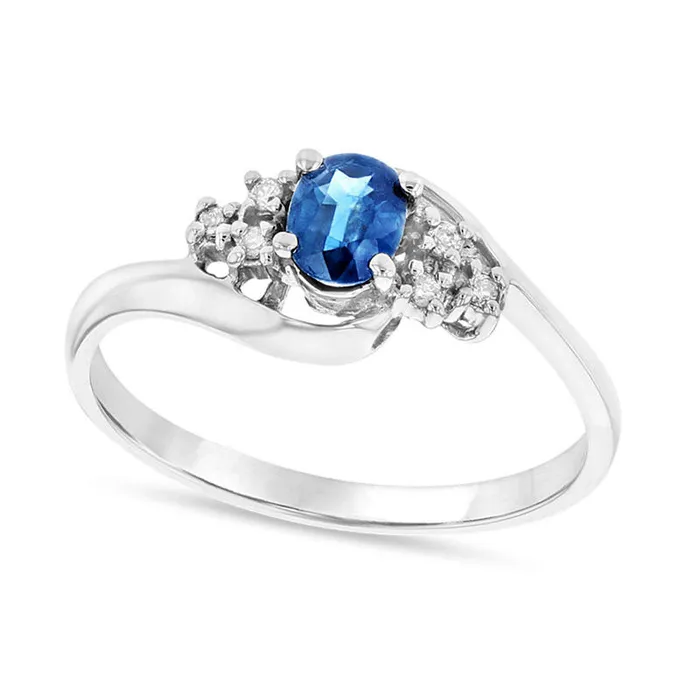Rings Oval Blue Sapphire and Natural Diamond Accent TriSides Bypass Ring in Solid 14K White Gold Goldia Rings Oval Blue Sapphire and Natural Diamond Accent TriSides Bypass Ring in Solid 14K White Gold Goldia