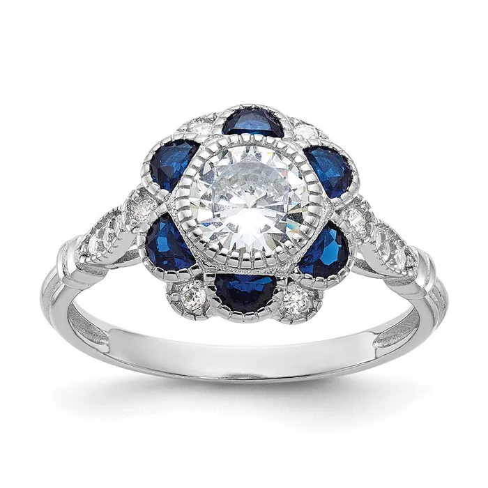 Rings Sterling Silver Rhodiumplated CZ and Lab Cr Blue Sapphire Flower Ring Goldia Rings Sterling Silver Rhodiumplated CZ and Lab Cr Blue Sapphire Flower Ring Goldia