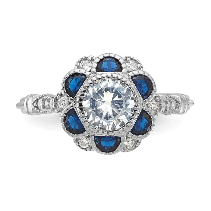 Rings Sterling Silver Rhodiumplated CZ and Lab Cr Blue Sapphire Flower Ring Goldia