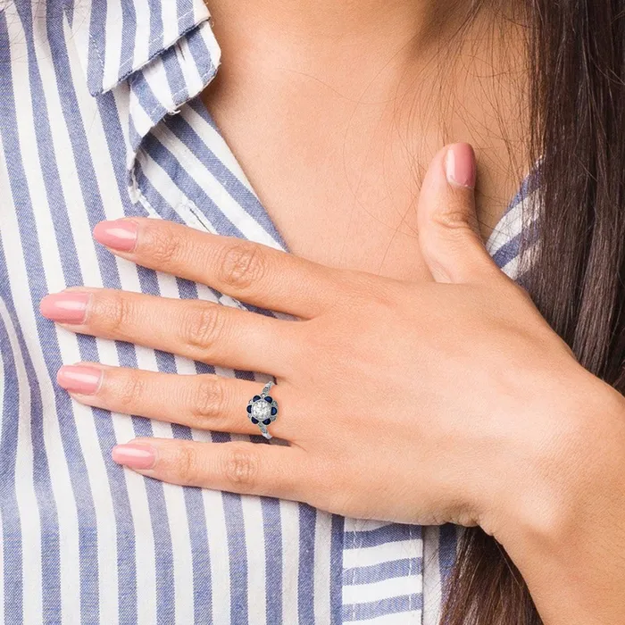 Rings Sterling Silver Rhodiumplated CZ and Lab Cr Blue Sapphire Flower Ring Goldia