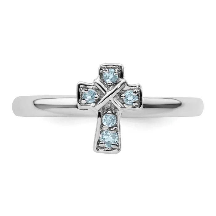 Rings Sterling Silver Stackable Expressions Rhodium Aquamarine Cross Ring Goldia