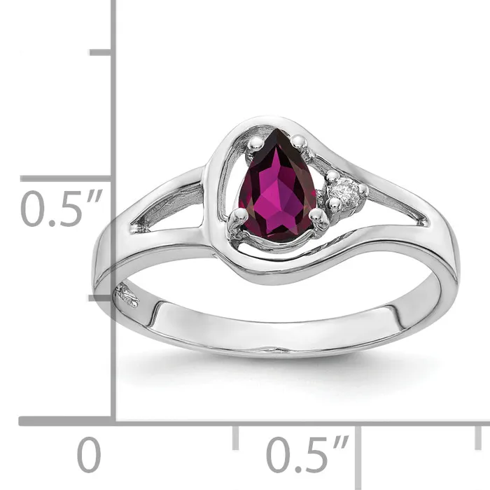 Solid 14k White Gold 6x4mm Pear Rhodolite Simulated Garnet VS CZ Ring Goldia Rings