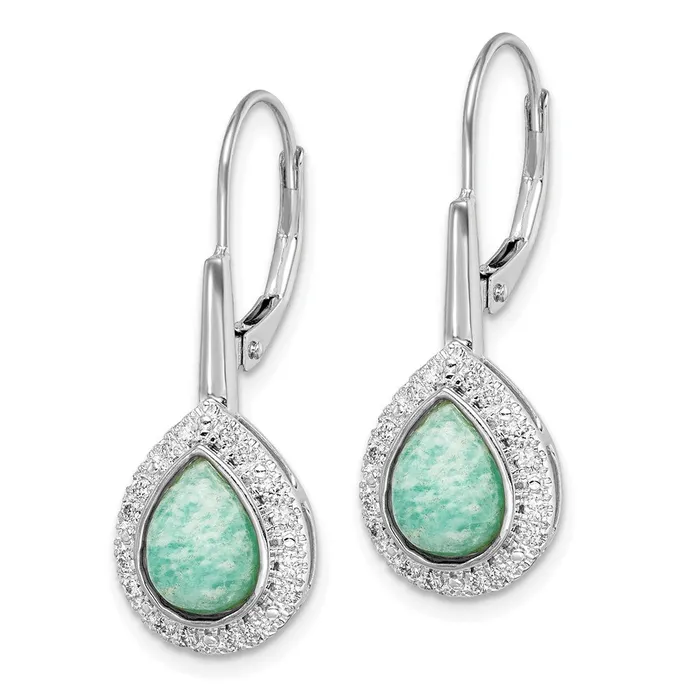 Solid 14k White Gold Pear Amazonite and Simulated CZ LeverbacK Earrings Goldia Earrings