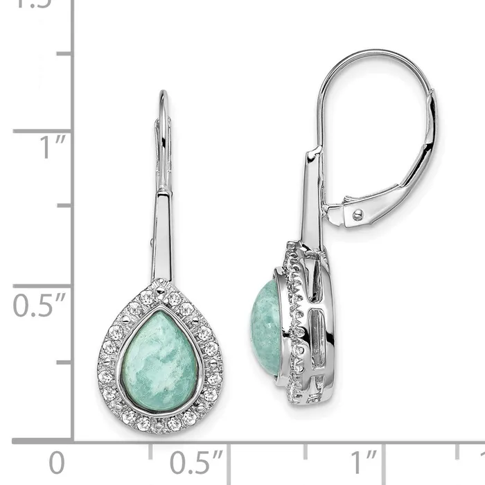Solid 14k White Gold Pear Amazonite and Simulated CZ LeverbacK Earrings Goldia Earrings