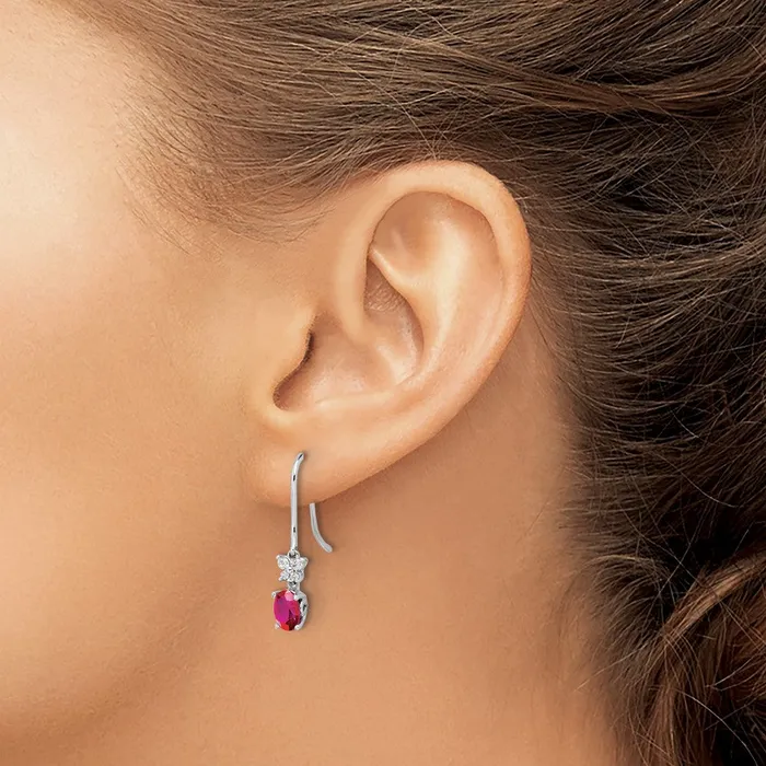 Solid 14k White Gold Simulated CZ and Oval Ruby Earrings Goldia Earrings