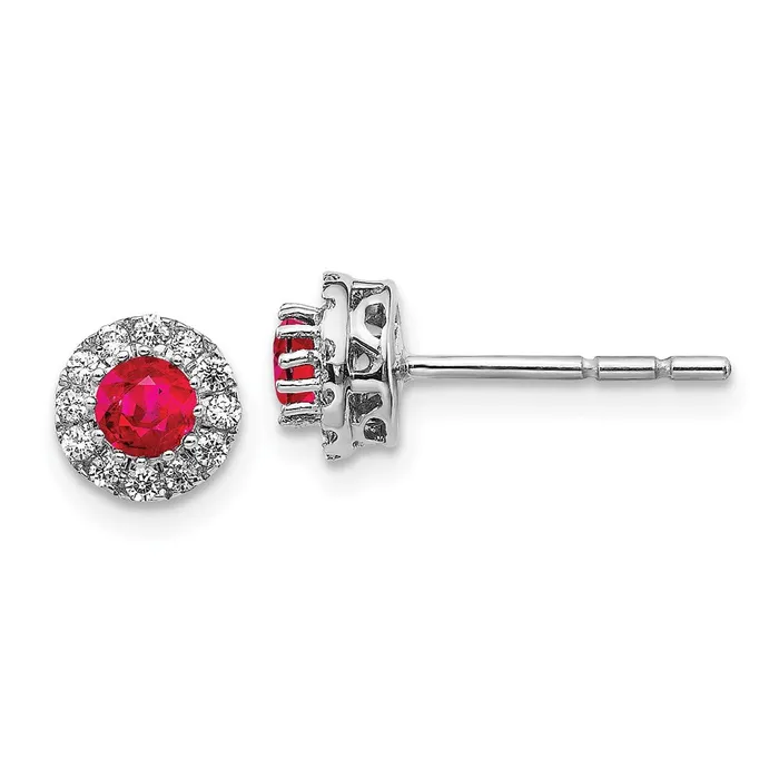Solid 14k White Gold Simulated CZ and Ruby Halo Post Earrings Goldia Earrings Solid 14k White Gold Simulated CZ and Ruby Halo Post Earrings Goldia Earrings